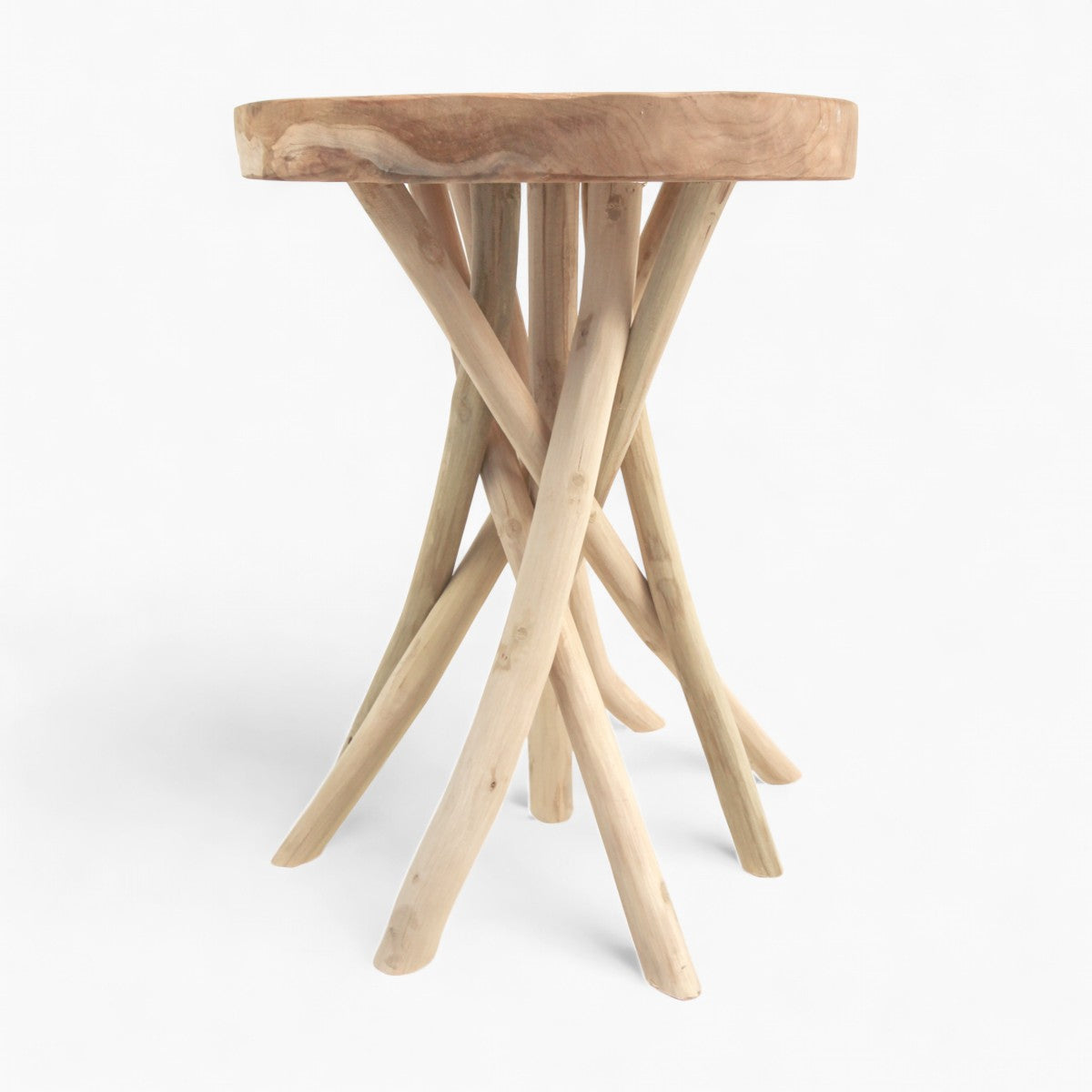 Branch accent stool - Natural twisted branch legs, solid wood seat