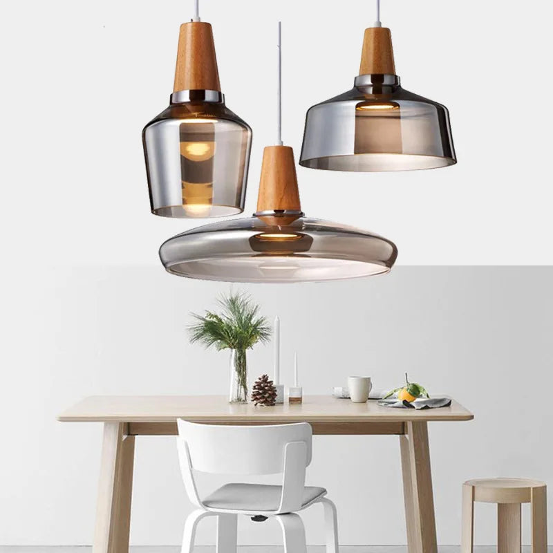 Modern Nordic Glass Pendant Lights | Clear & Amber with Wooden Base