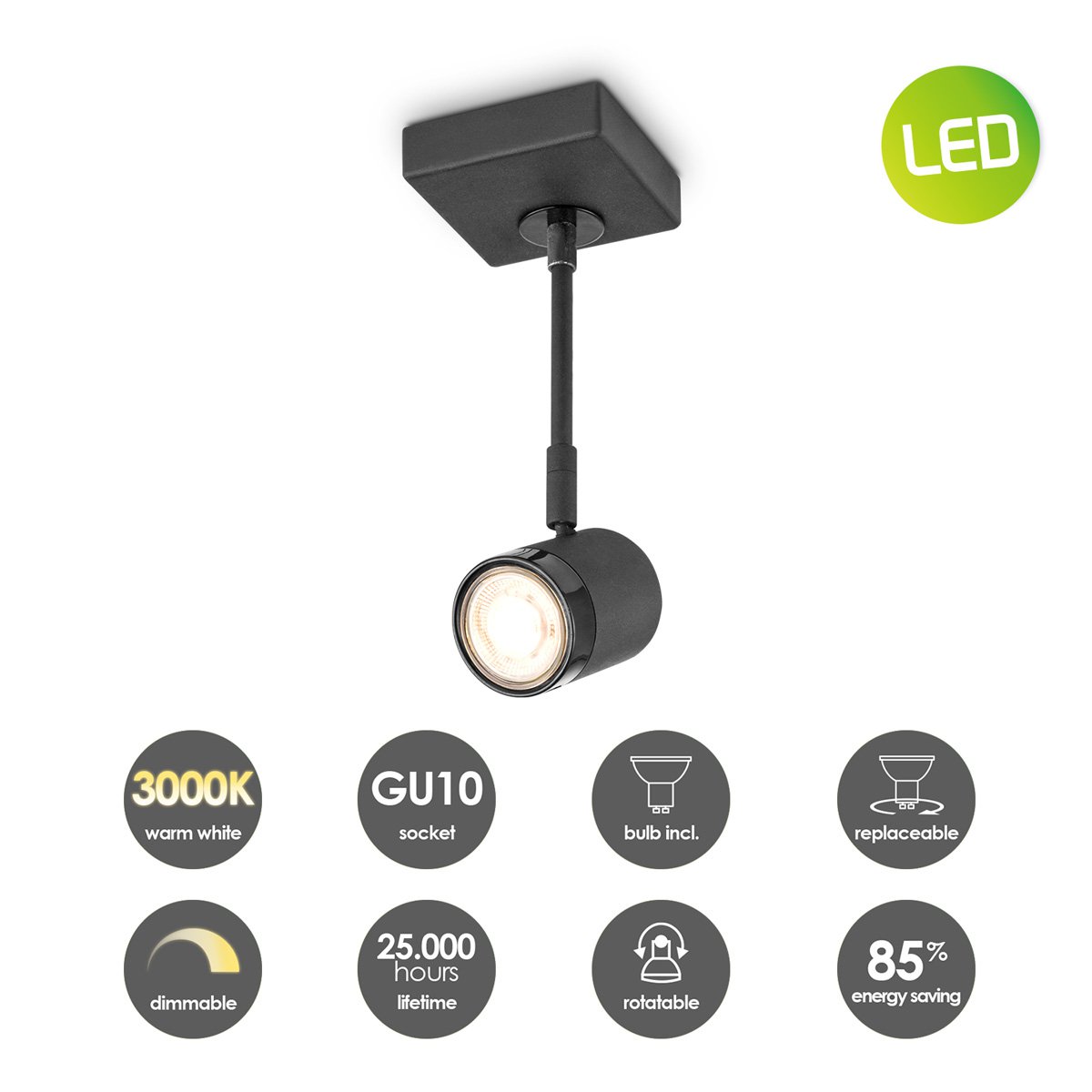 Home Sweet Home LED Surface Spot Light Manu - including dimmable LED bulb - black