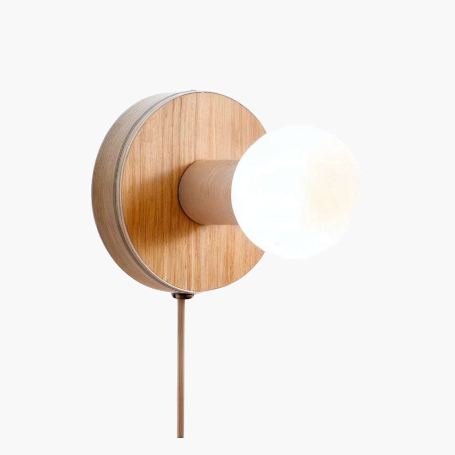 Wooden Plug-In Wall Light | Dimmable E27 Bulb, White Glass Shade